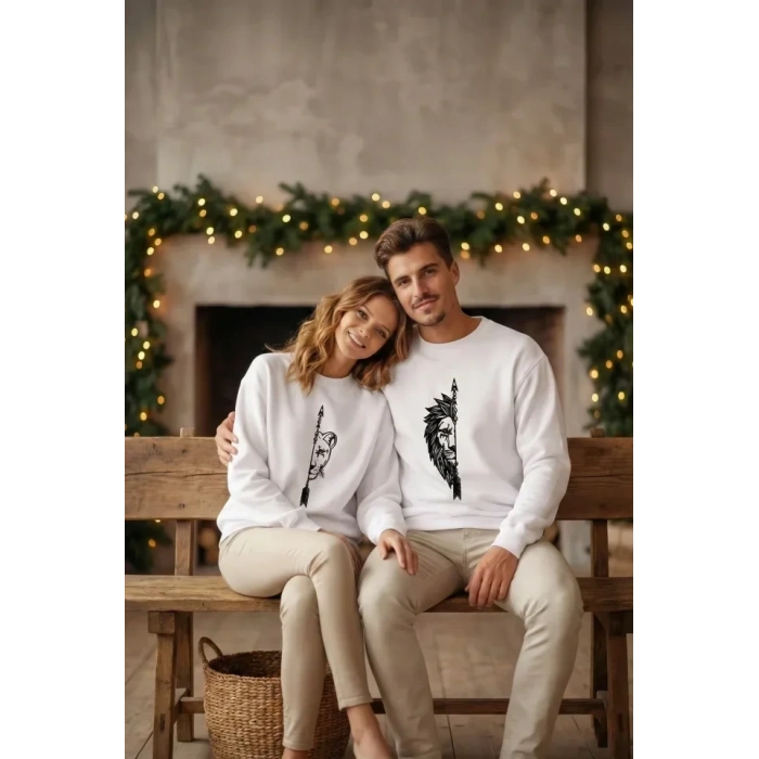 USLUCAN ALIŞVERİŞ Sevgililer Günü Özel Bisiklet Yaka Aslan Baskılı Oversize Sweatshirt - Beyaz