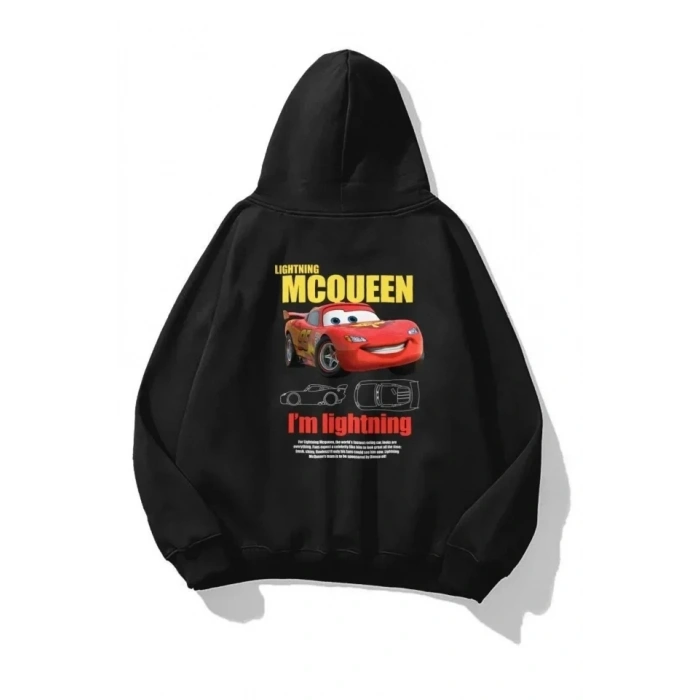 USLUCAN ALIŞVERİŞ Sevgililer Günü Özel Kapüşonlu Araba Baskılı Oversize Sweatshirt - Siyah