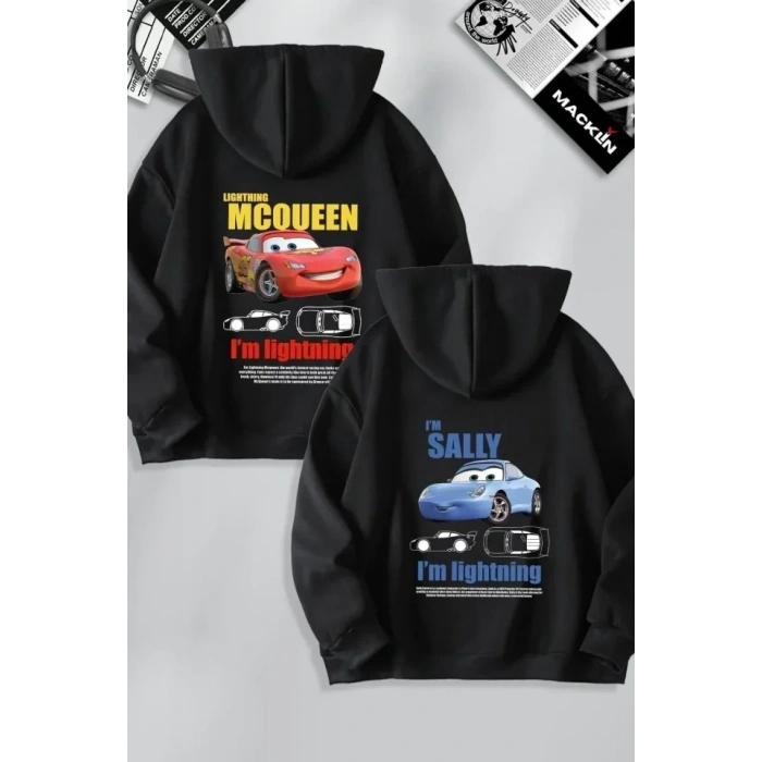 USLUCAN ALIŞVERİŞ Sevgililer Günü Özel Kapüşonlu Araba Baskılı Oversize Sweatshirt - Siyah