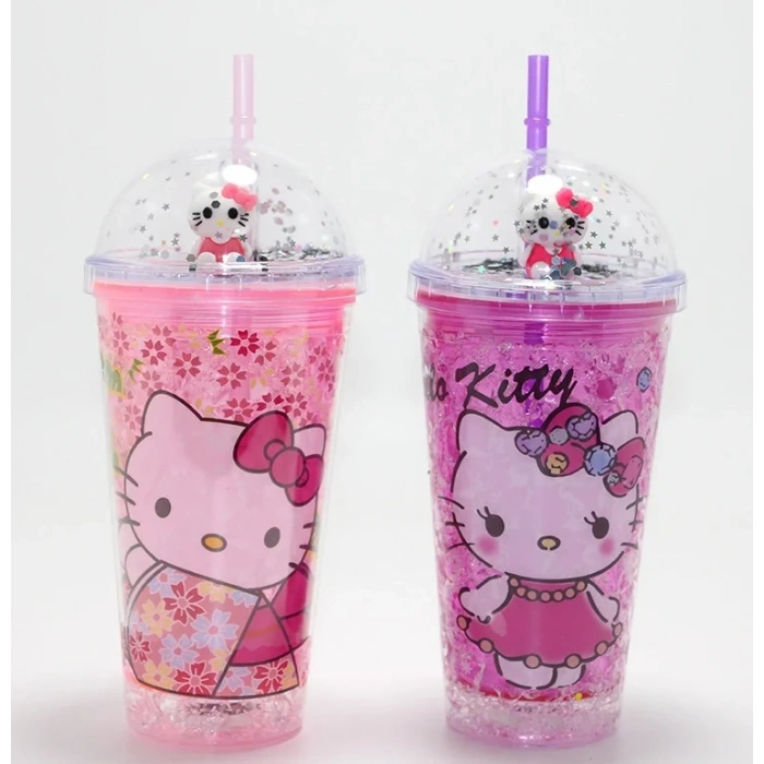 USLUCAN ALIŞVERİŞ Sevimli Hello Kitty Işıklı Pipetli Boncuklu Suluk & Bardak (400 Ml)