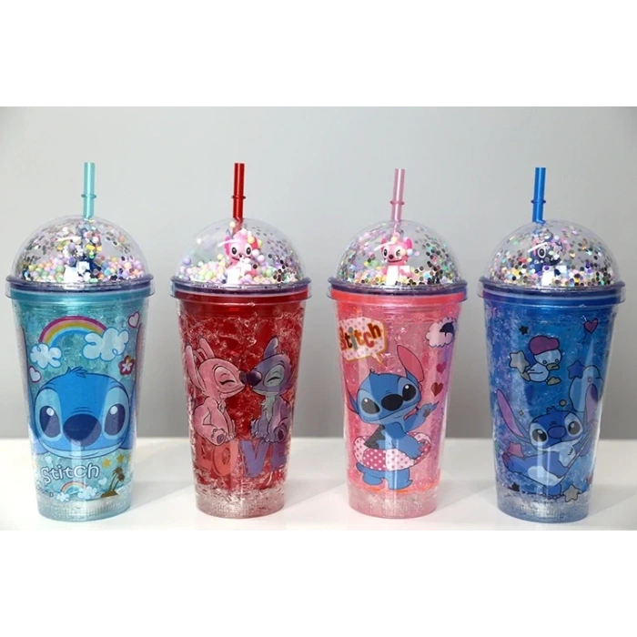 USLUCAN ALIŞVERİŞ Sevimli Stitch Pipetli Işıklı Pullu Suluk Bardak 400 ml