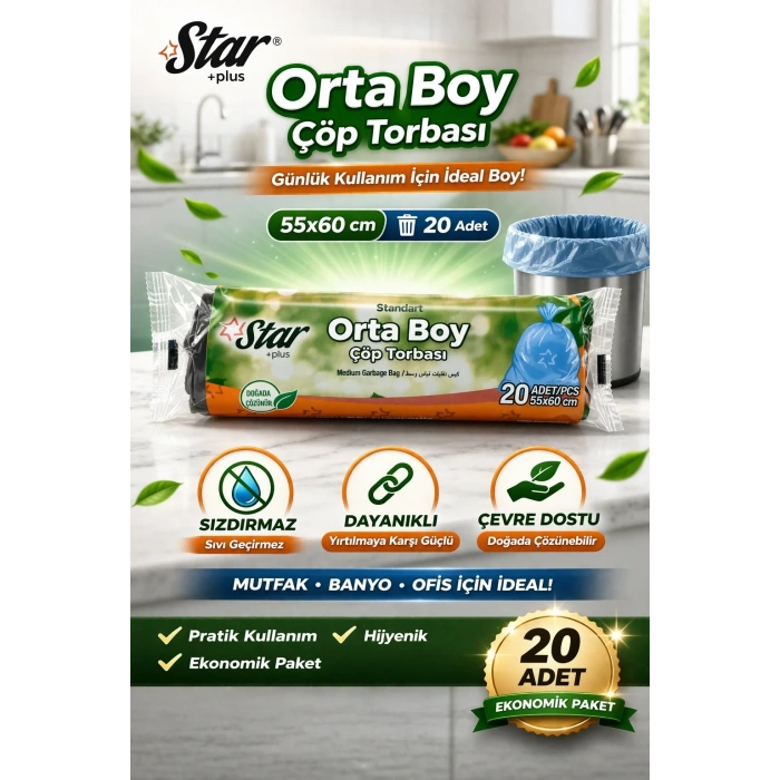 USLUCAN ALIŞVERİŞ Star Plus Orta Boy Çöp Torbası 20li 1 Paket 55x60 cm Dayanıklı Sızdırmaz Orta Boy Çöp Poşeti