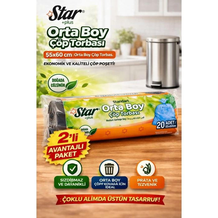 USLUCAN ALIŞVERİŞ Star Plus Orta Boy Çöp Torbası 20li 2 Paket 55x60 cm Dayanıklı Sızdırmaz Orta Boy Çöp Poşeti