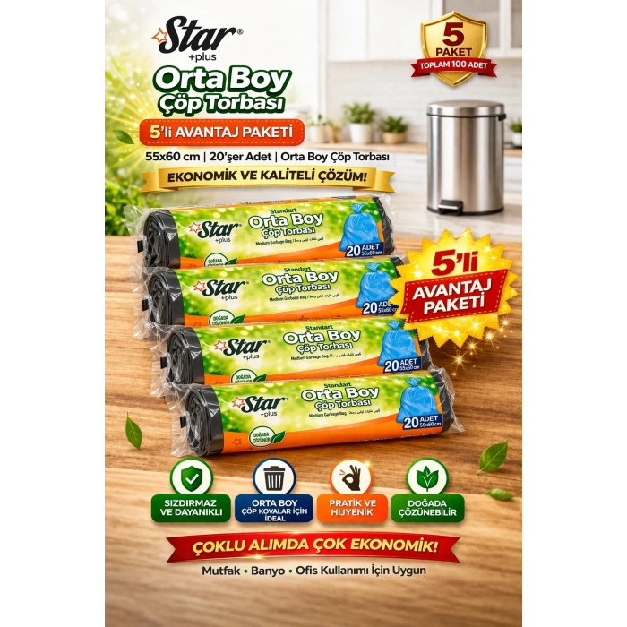 USLUCAN ALIŞVERİŞ Star Plus Orta Boy Çöp Torbası 20li 5 Paket 55x60 cm Dayanıklı Sızdırmaz Orta Boy Çöp Poşeti