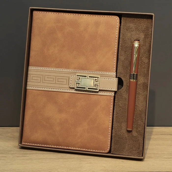 USLUCAN ALIŞVERİŞ Taba Rengi Termo Deri Defter Ve Metal Roller Kalem Seti