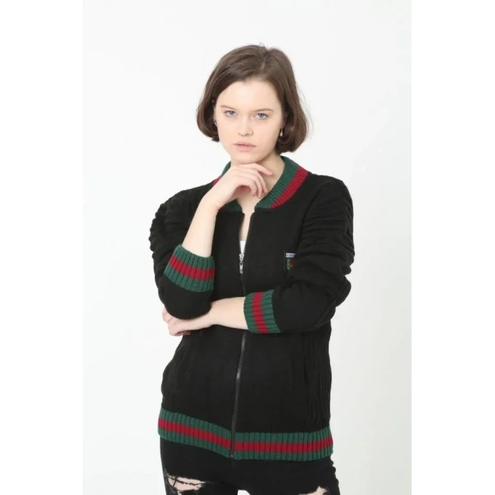 USLUCAN ALIŞVERİŞ Tam Fermuarlı Triko Hırka - Siyah