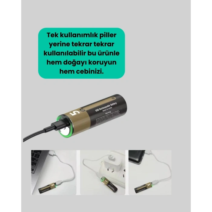 USLUCAN ALIŞVERİŞ Tekrar Şarj Edilebilir AA USB Type-C Pil | 1000+ Döngü | 1.5V Sabit Voltaj