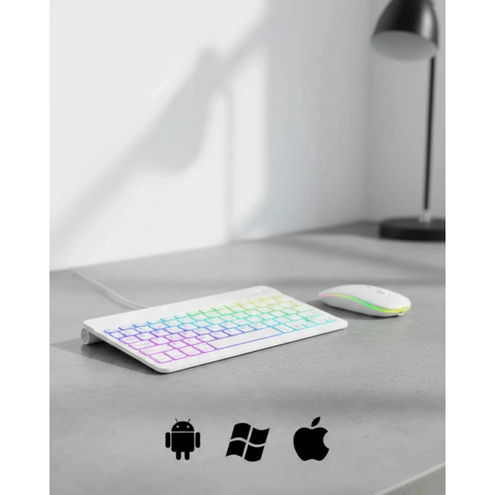 USLUCAN ALIŞVERİŞ Türkçe Q Aydınlatmalı Klavye Mouse Seti Kablosuz Bluetooth Destekli