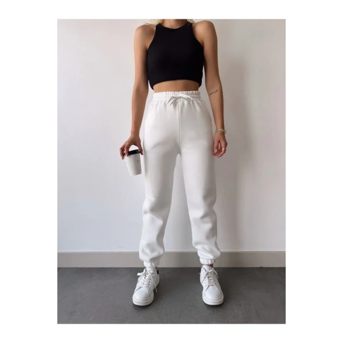 USLUCAN ALIŞVERİŞ Üç İplik Basic Lastikli Eşofman Pantolon - Beyaz
