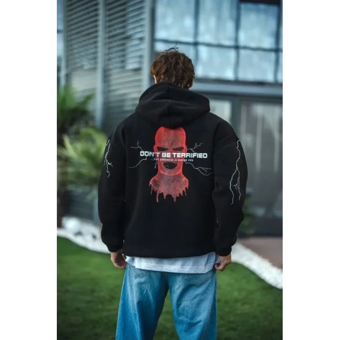 USLUCAN ALIŞVERİŞ Üç İplik Kapüşonlu Baskılı Oversize SweatShirt- Siyah