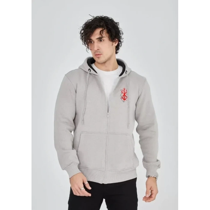 USLUCAN ALIŞVERİŞ Unisex Baskılı Tam Fermuarlı Kapşonlu SweatShirt - Boyalı Gri