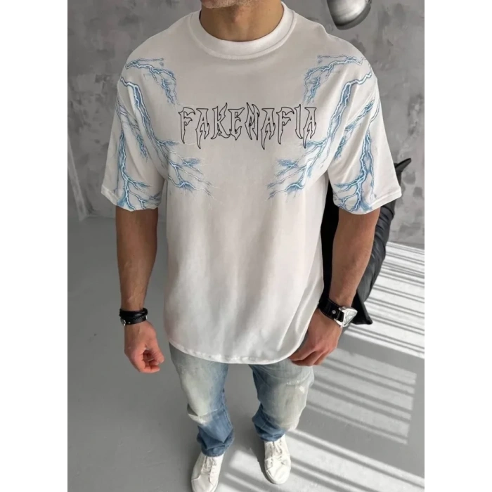 USLUCAN ALIŞVERİŞ Unisex Bisiklet Yaka Baskılı Oversize T-Shirt - Beyaz