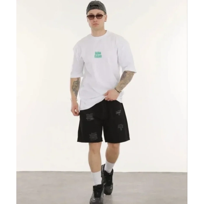 USLUCAN ALIŞVERİŞ Unisex Bisiklet Yaka Baskılı Oversize T-Shirt - Beyaz