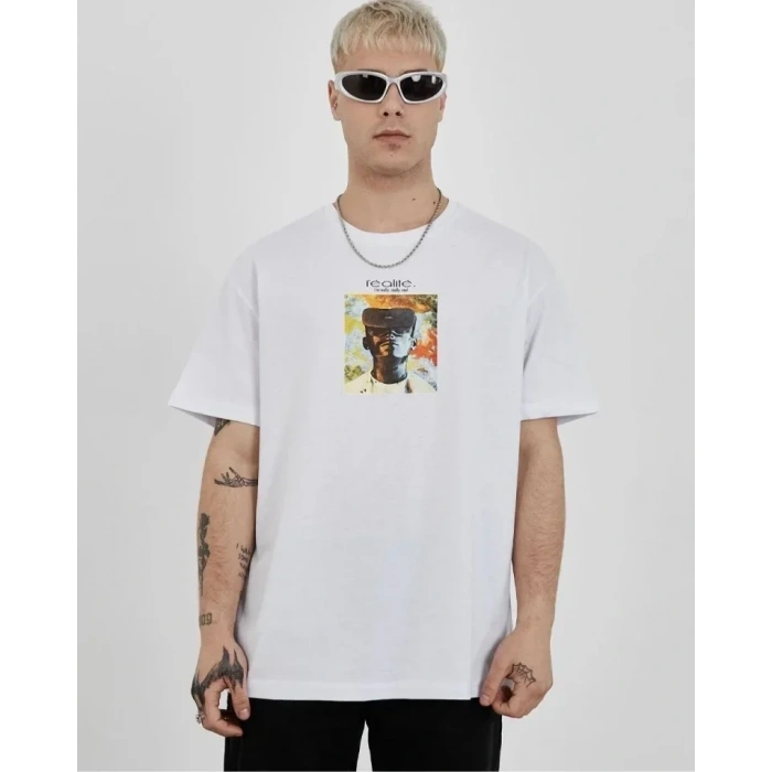USLUCAN ALIŞVERİŞ Unisex Bisiklet Yaka Baskılı Oversize T-Shirt - Beyaz