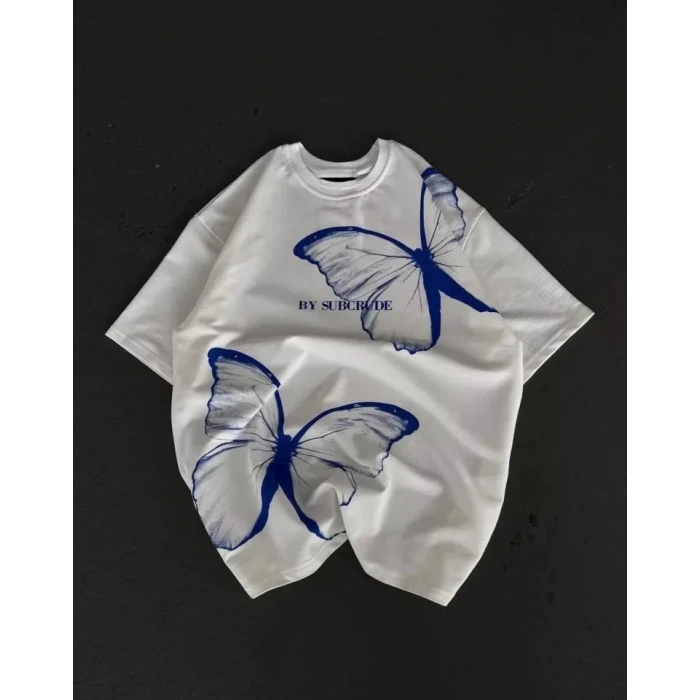 USLUCAN ALIŞVERİŞ Unisex Bisiklet Yaka Baskılı Oversize T-Shirt - Beyaz