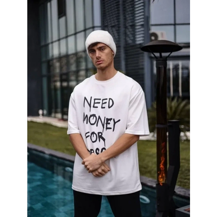 USLUCAN ALIŞVERİŞ Unisex Bisiklet Yaka Baskılı Oversize T-Shirt - Beyaz