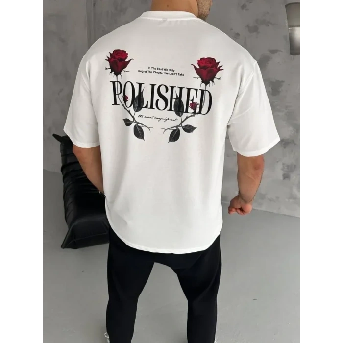 USLUCAN ALIŞVERİŞ Unisex Bisiklet Yaka Baskılı Oversize T-Shirt - Beyaz