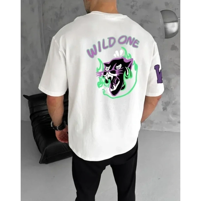 USLUCAN ALIŞVERİŞ Unisex Bisiklet Yaka Baskılı Oversize T-Shirt - Beyaz