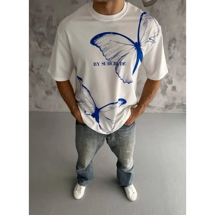 USLUCAN ALIŞVERİŞ Unisex Bisiklet Yaka Baskılı Oversize T-Shirt - Beyaz