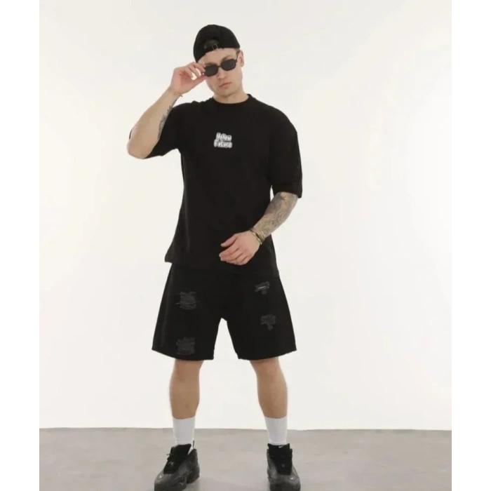 USLUCAN ALIŞVERİŞ Unisex Bisiklet Yaka Baskılı Oversize T-Shirt - Siyah