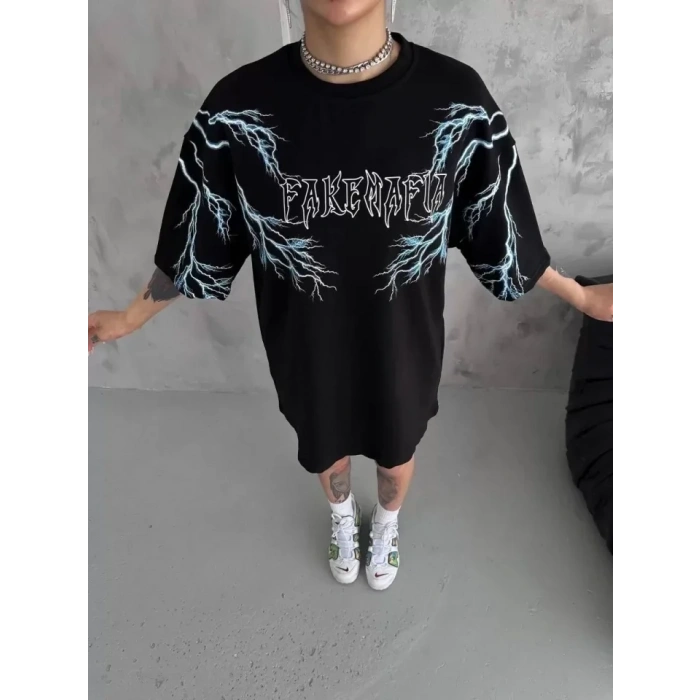 USLUCAN ALIŞVERİŞ Unisex Bisiklet Yaka Baskılı Oversize T-Shirt - Siyah
