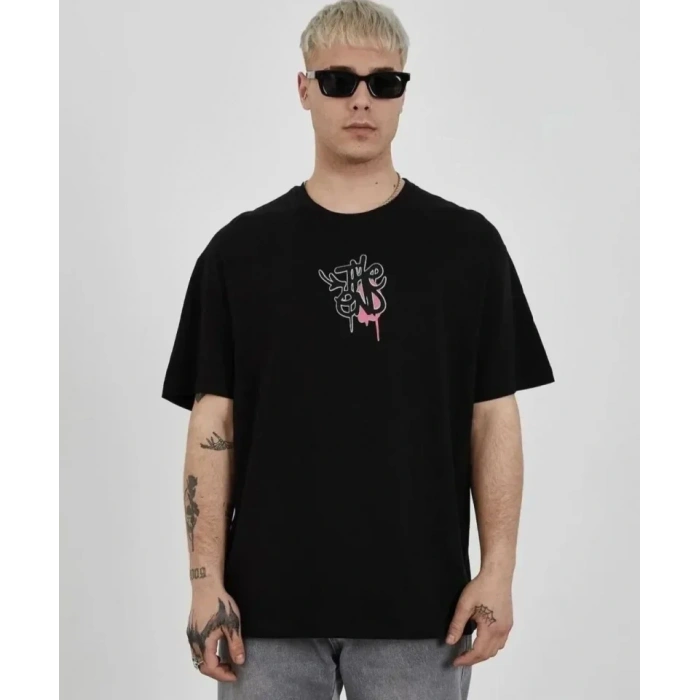 USLUCAN ALIŞVERİŞ Unisex Bisiklet Yaka Baskılı Oversize T-Shirt - Siyah