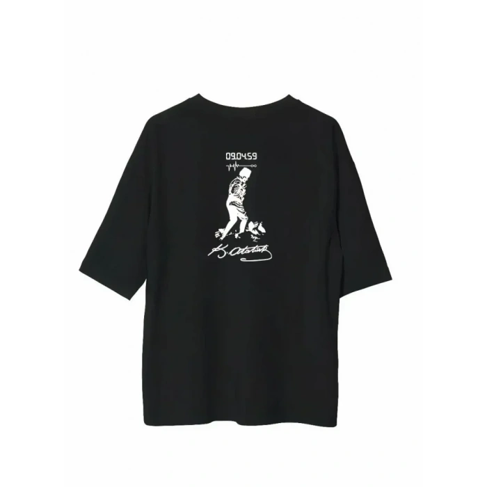 USLUCAN ALIŞVERİŞ Unisex Bisiklet Yaka Baskılı Oversize T-Shirt - Siyah