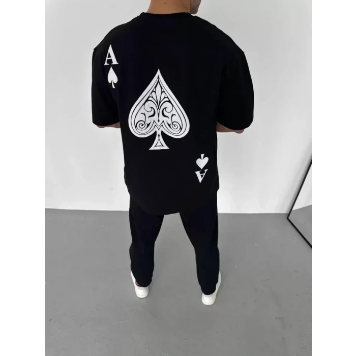 USLUCAN ALIŞVERİŞ Unisex Bisiklet Yaka Baskılı Oversize T-Shirt - Siyah