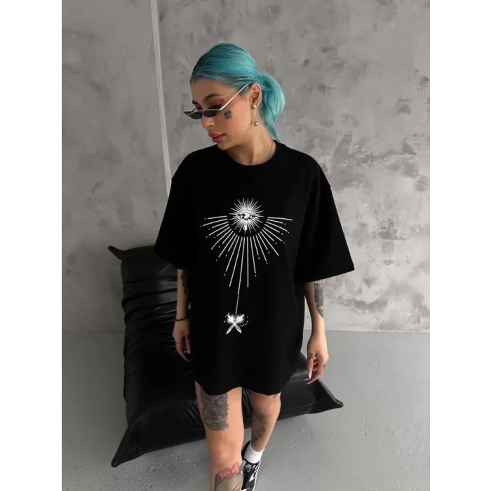USLUCAN ALIŞVERİŞ Unisex Bisiklet Yaka Baskılı Oversize T-Shirt - Siyah
