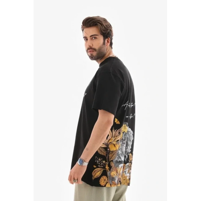 USLUCAN ALIŞVERİŞ Unisex Bisiklet Yaka Baskılı Oversize T-Shirt - Siyah