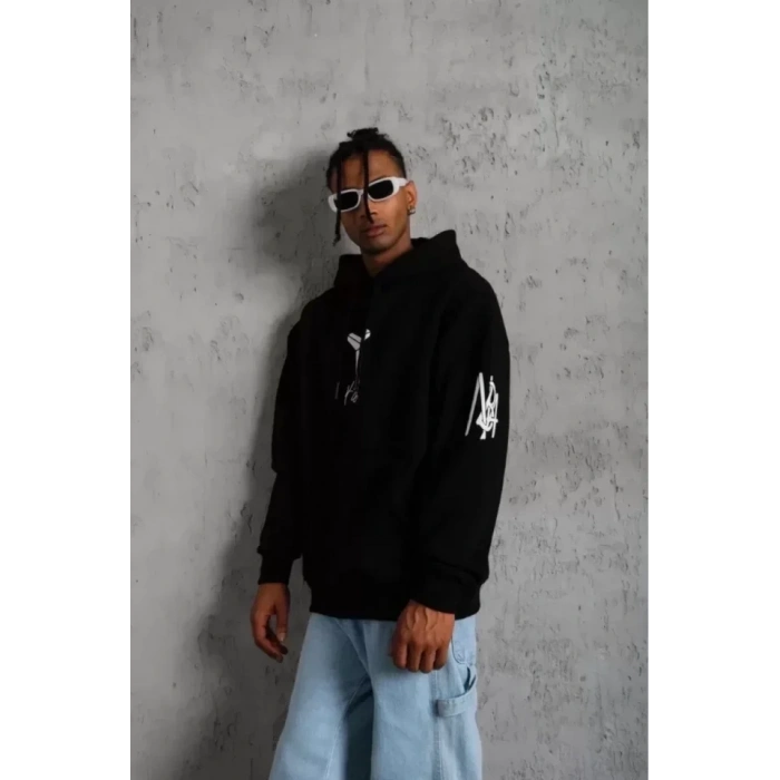 USLUCAN ALIŞVERİŞ Unisex Sırt Baskılı Kapüşonlu Üç İplik Oversize Sweatshirt - Siyah