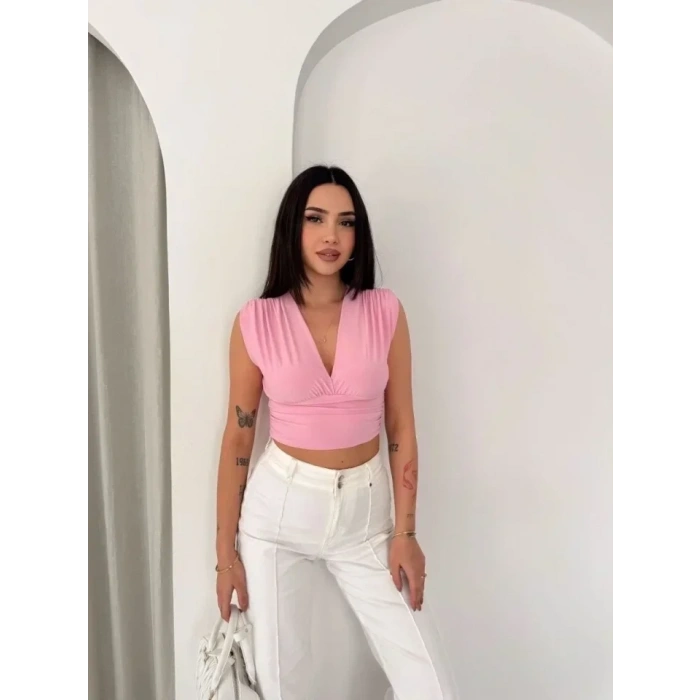 Vatkalı Kolsuz V Yaka Drapeli Crop Bluz Likralı Fit - Pembe