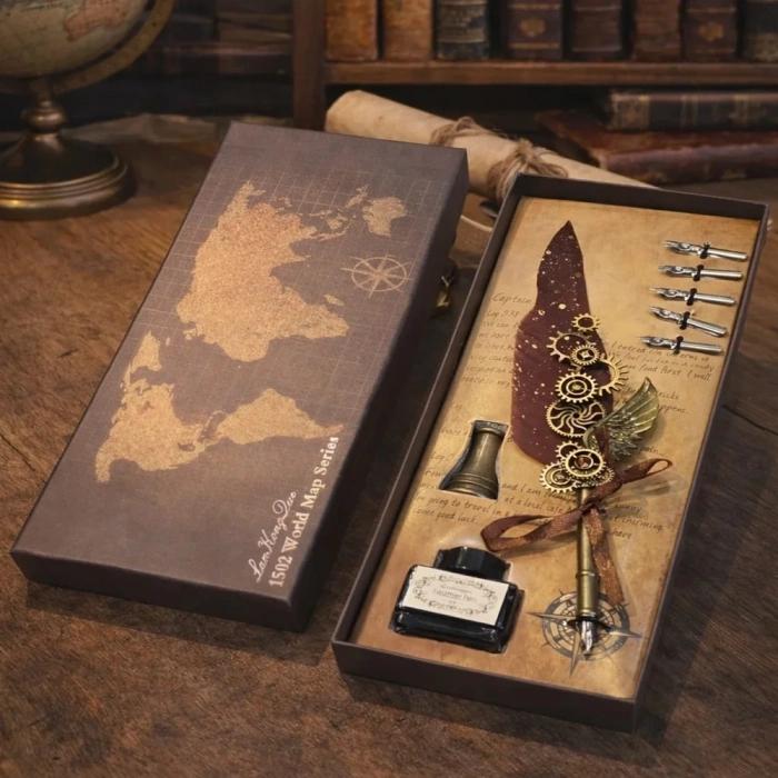 USLUCAN ALIŞVERİŞ Vintage Tüylü Divit Kalem Hediye Seti