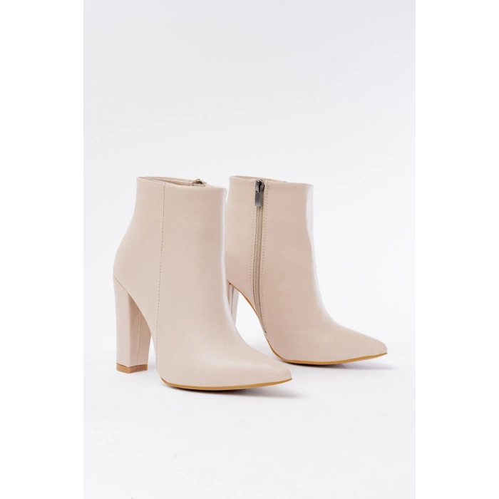 USLUCAN ALIŞVERİŞ VRT-4801 Bej Yüksek Kalın Topuklu Fermuarlı Kadın Bot