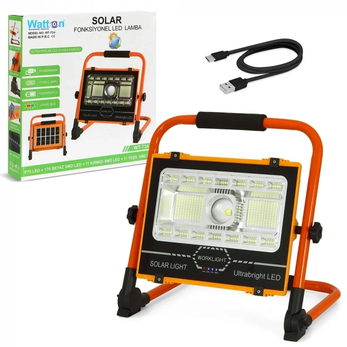 USLUCAN ALIŞVERİŞ P70 LED Solar Panel Şarjlı Taşınabilir Projektör 176 SMD + Yan LED WT-734