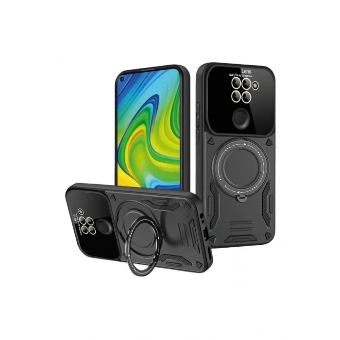 USLUCAN ALIŞVERİŞ Xiaomi Redmi Note 9 Joy Lens Standlı Kapak - Siyah