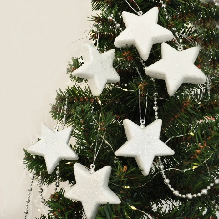 USLUCAN ALIŞVERİŞ Yılbaşı Ağaç Süsü Simli Beyaz Yıldız 6lı