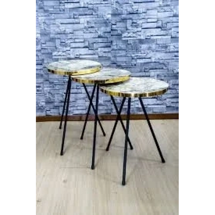 USLUCAN ALIŞVERİŞ Zigon Sehpa 3lü Altın Efes Siyah Metal Ayak