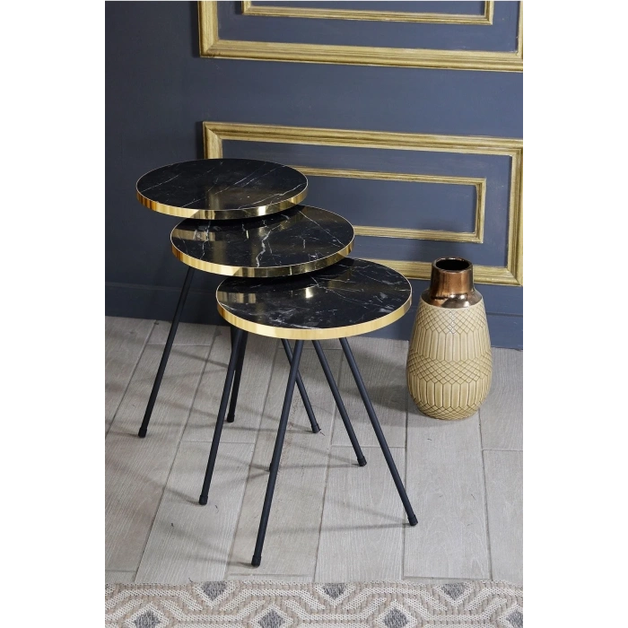USLUCAN ALIŞVERİŞ Zigon Sehpa 3 Lü Siyah Metal Ayak Bendir Altın