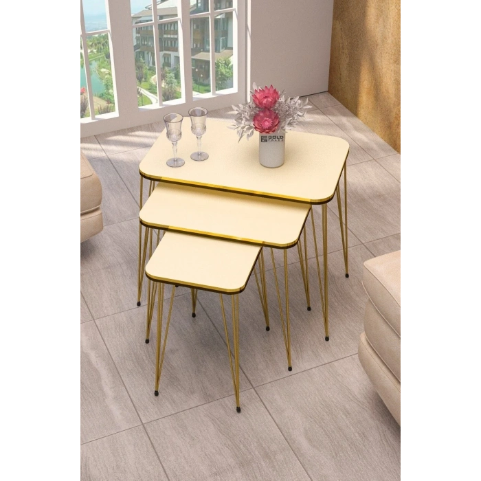 USLUCAN ALIŞVERİŞ Zigon Sehpa Kr Ve Orta Sehpa Kr Set Çift Gold Krem Tel 1114