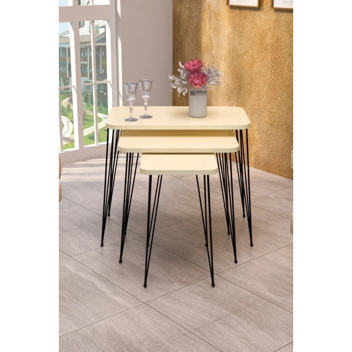 USLUCAN ALIŞVERİŞ Zigon Sehpa Kr Ve Orta Sehpa Kr Set Siyah Ayak Krem Tel 1100
