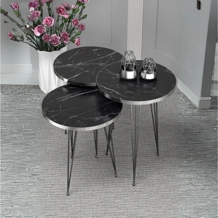 USLUCAN ALIŞVERİŞ Zigon Sehpa Siyah Tel Ayak Gümüş Bendir 1089