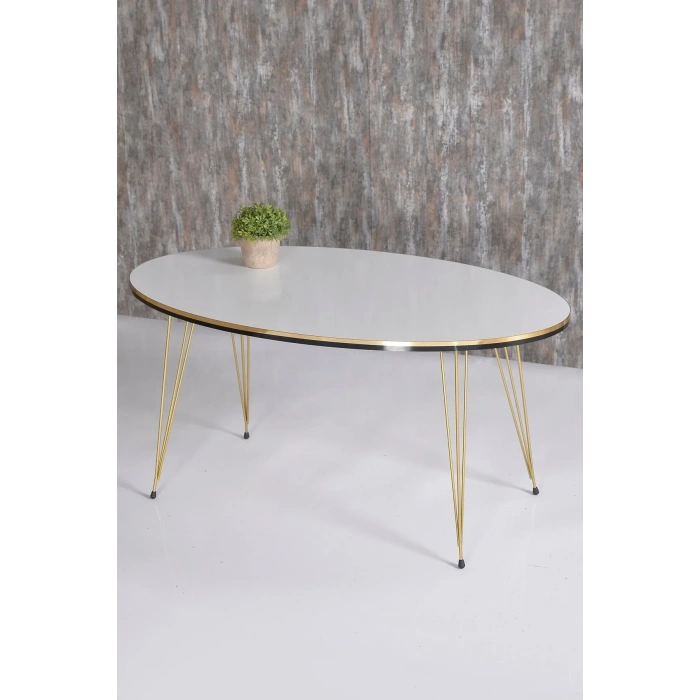 USLUCAN ALIŞVERİŞ Zigon Sehpa Ve Orta Sehpa Elips Set Çift Gold Beyaz Tel