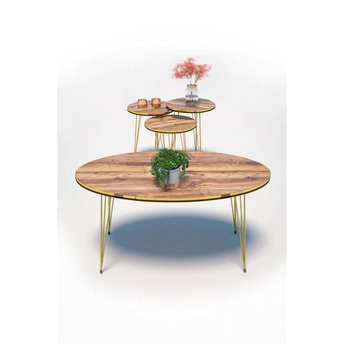 USLUCAN ALIŞVERİŞ Zigon Sehpa Ve Orta Sehpa Elips Set Çift Gold Ceviz Tel