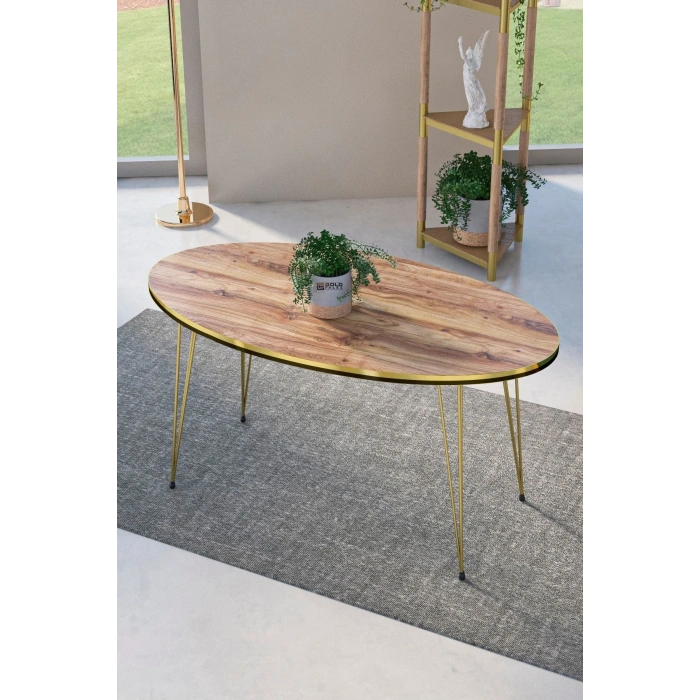 USLUCAN ALIŞVERİŞ Zigon Sehpa Ve Orta Sehpa Elips Set Çift Gold Ceviz Tel