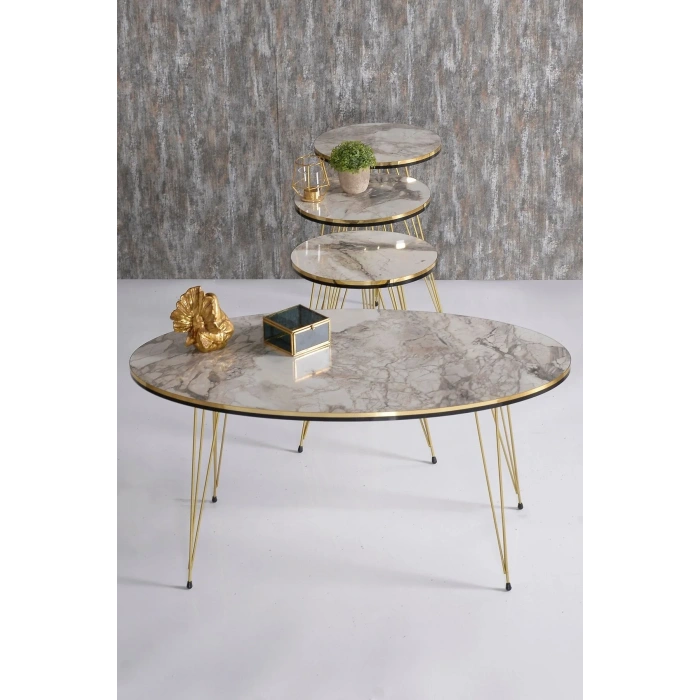 USLUCAN ALIŞVERİŞ Zigon Sehpa ve Orta Sehpa Elips Set Çift Gold Efes Tel