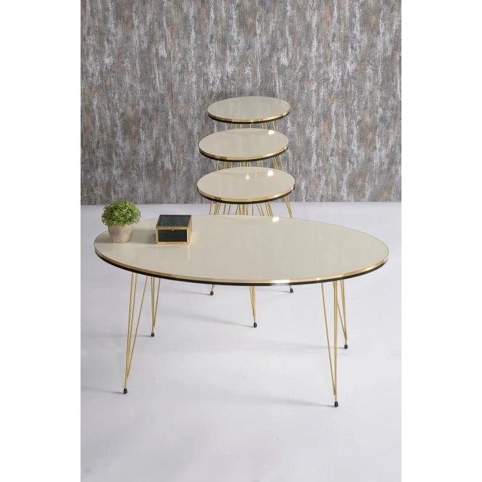 USLUCAN ALIŞVERİŞ Zigon Sehpa Ve Orta Sehpa Elips Set Çift Gold Krem Tel Ayak