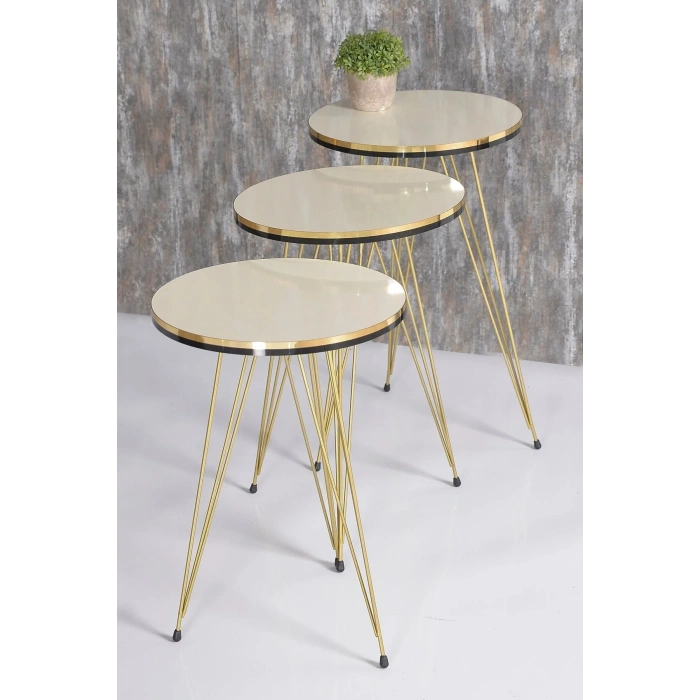 USLUCAN ALIŞVERİŞ Zigon Sehpa Ve Orta Sehpa Elips Set Çift Gold Krem Tel Ayak