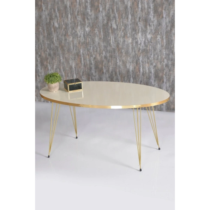 USLUCAN ALIŞVERİŞ Zigon Sehpa Ve Orta Sehpa Elips Set Gold Krem Tel