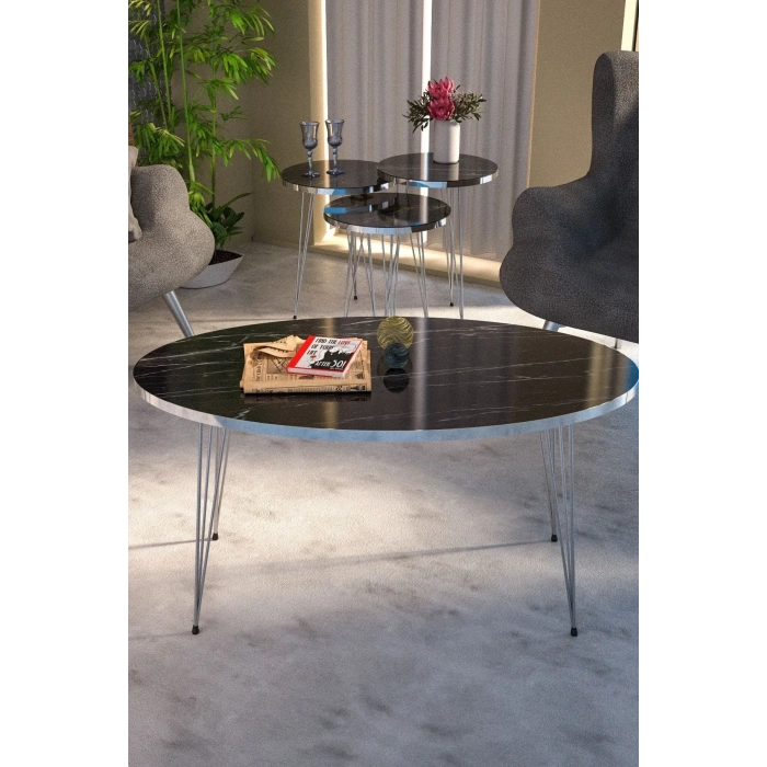 USLUCAN ALIŞVERİŞ Zigon Sehpa Ve Orta Sehpa Elips Set Gümüş Bendir Tel